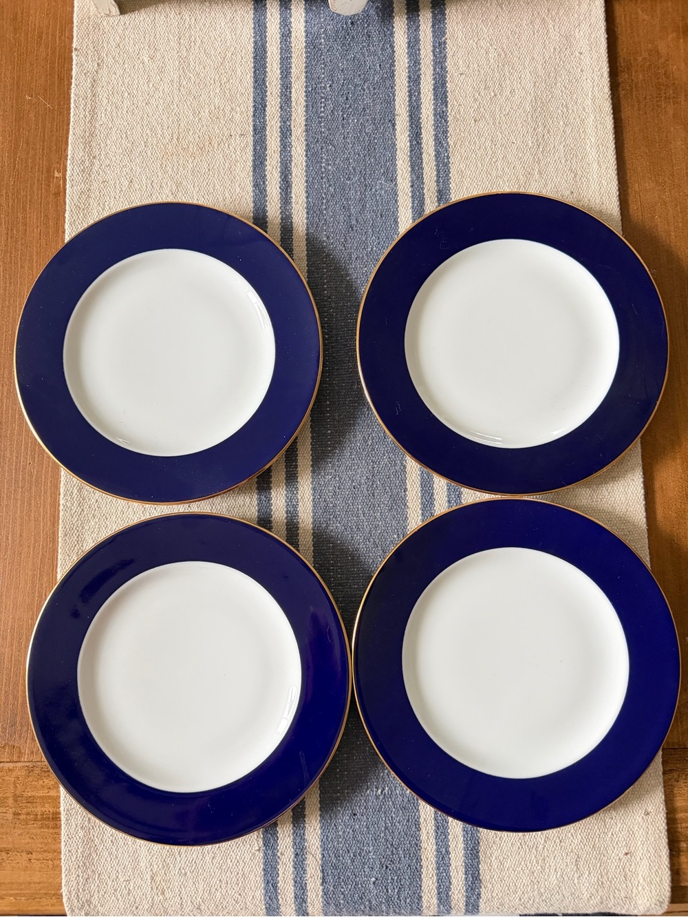 Crate & Barrel Maison Cobalt Blue Gold Rim Dessert Plates 7.5” Poland Set of 4